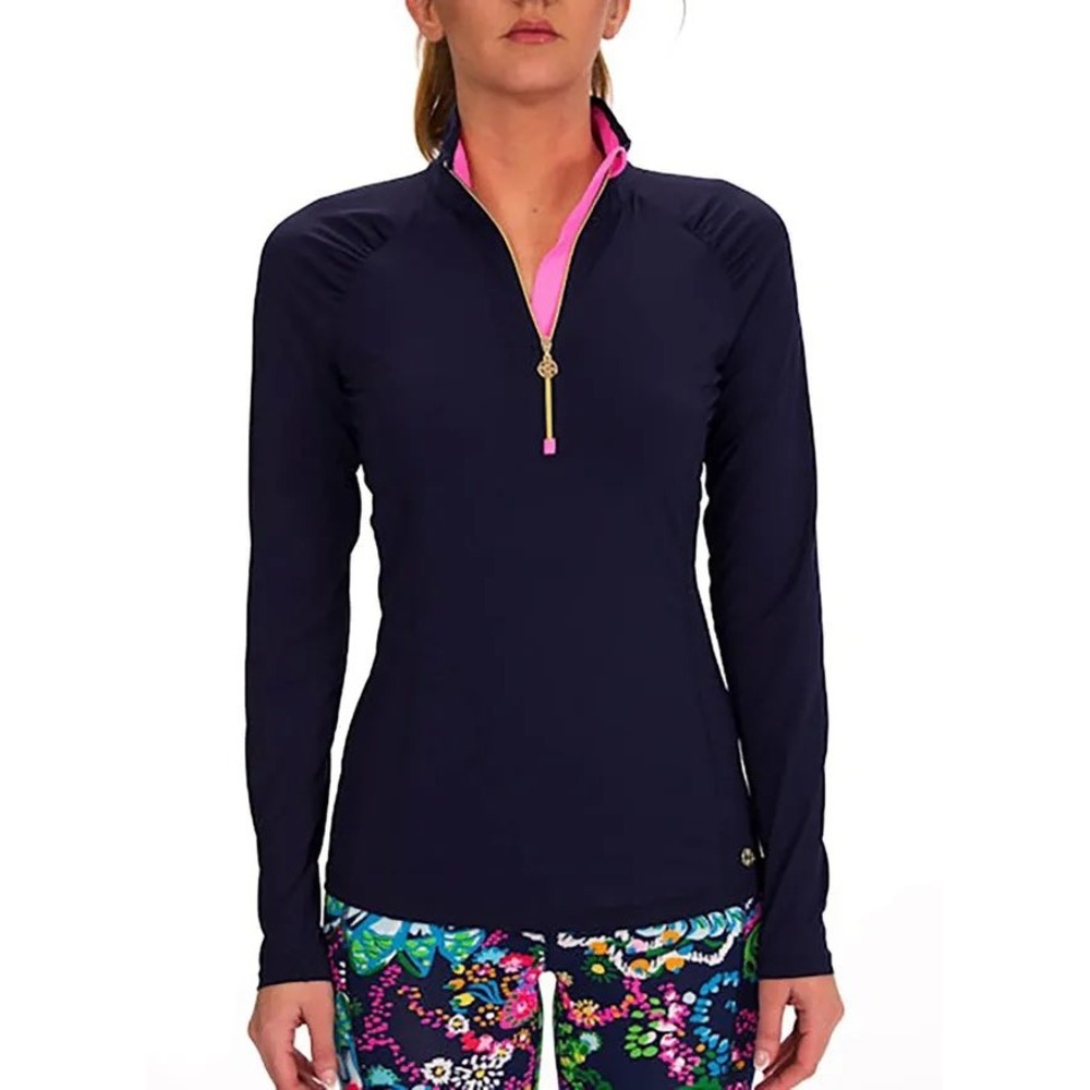 Lilly Pulitzer Justine Half Zip Pullover Women Large Navy Pink UPF 50 Sea Island